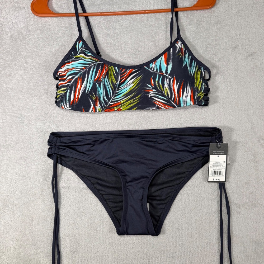 Mossimo Womens Bikini Set Small Tropical Palm Print TopHipster Bottom Slate Grey